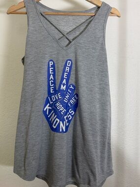 Gray Tank Top with Blue Peace Hand Graphic